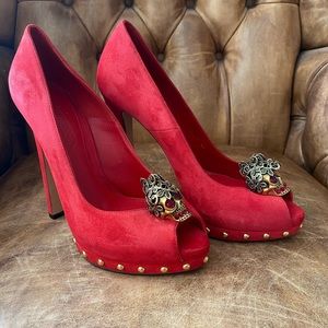 Alexander McQueen Skull Peep-toe Pumps, Red Suede